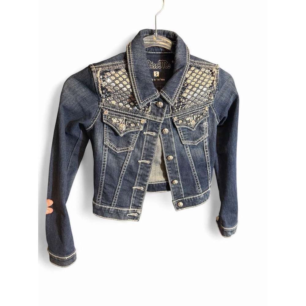 Miss Me Navy Blue Denim Jacket with Silver Rhinestones and Sequins Youth Sz Sm